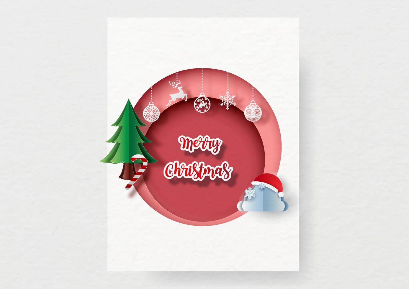 pino de navidad con objetos del día de navidad en círculo y estilo de corte de papel con letras de feliz navidad en tarjeta blanca y fondo de patrón de papel blanco. vector