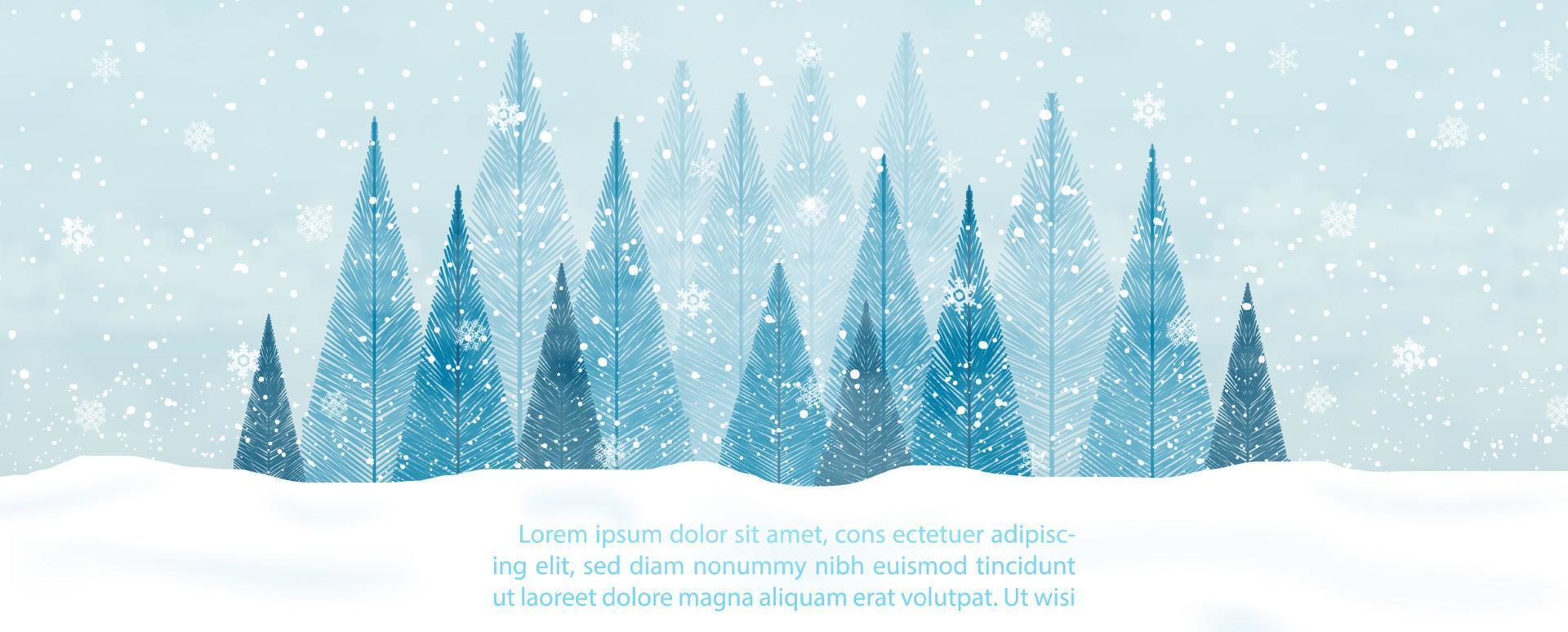 Landscape winter and heavy snow falling with pine forest and example texts on foggy and light blue background vector