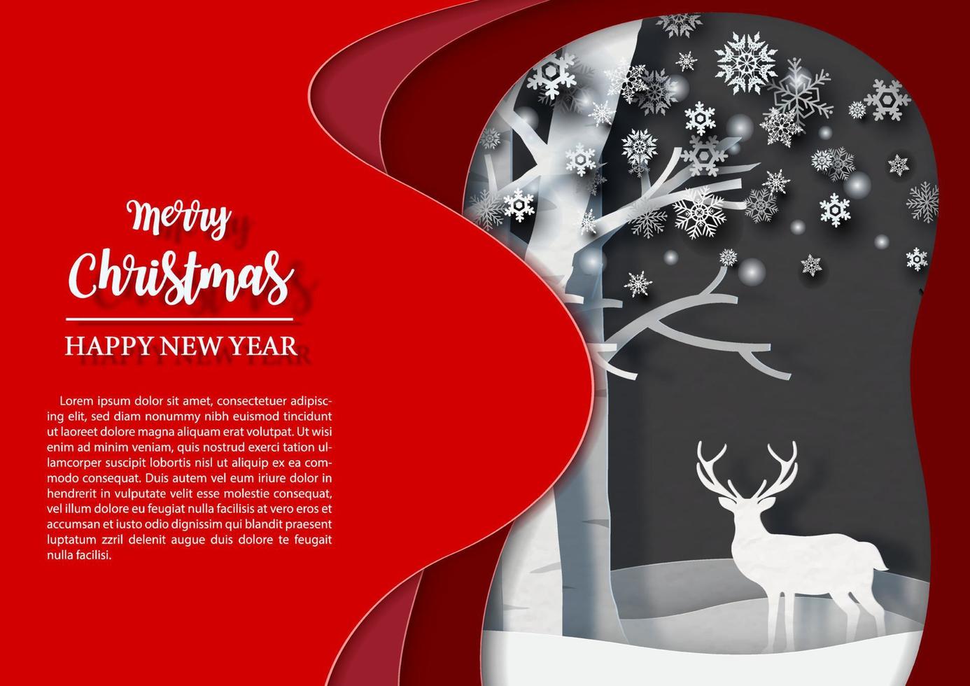 Closeup winter season with single reindeer  in red abstract shape and example texts on dark gray background. Christmas greeting card in paper cut style and vector design.