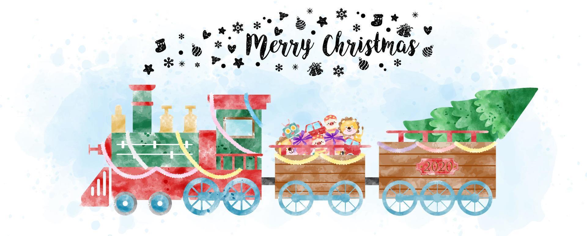 un tren de navidad con pino de carga y regalos de navidad en estilo acuarela sobre fondo azul claro y blanco. vector