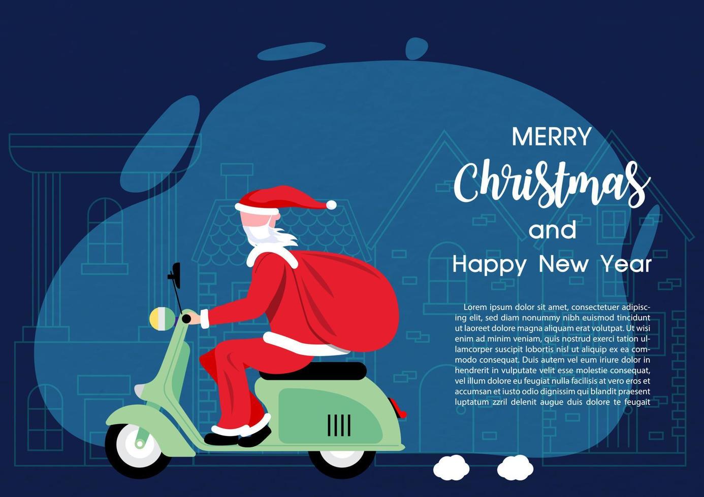 A new age Santa rides a motorcycle to deliver gifts with wording of Christmas and example texts on navy blue and European town background. vector