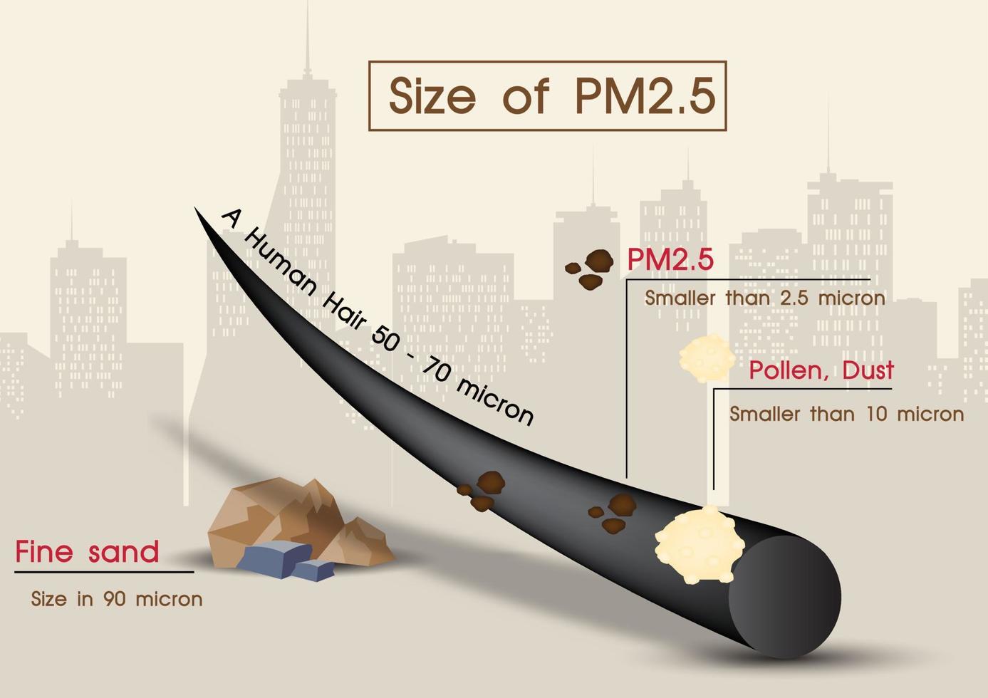 el primer plano y el cabello humano de ejemplo se comparan con el tamaño del polen, la arena fina y el pm2.5 en el fondo de la vista de la ciudad del paisaje. afiche de infografía sobre polvo tóxico pm2.5 en diseño vectorial. vector