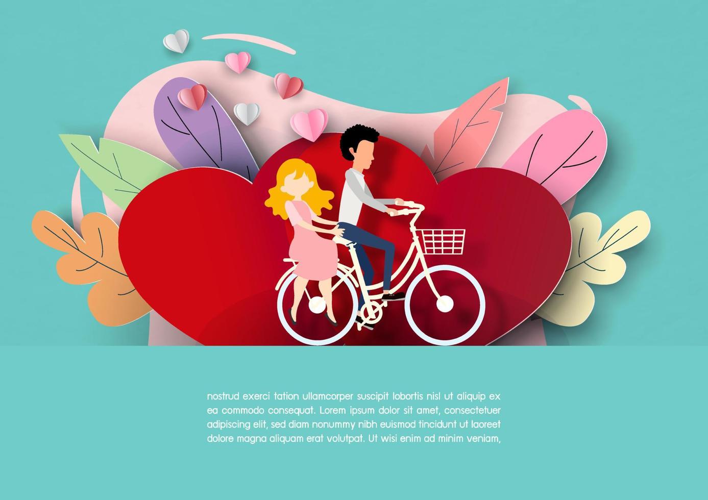 Couples in cartoon character ride a bicycle on red giant hearts and colorful leaves scene in paper cut style with example texts on light green paper pattern background. vector