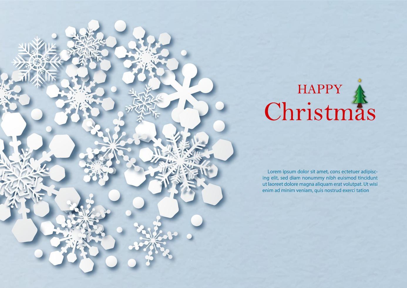 Silhouette snow flakes pattern in a giant circle shape and paper cut style with wording of Christmas day, example texts on blue paper pattern background. vector