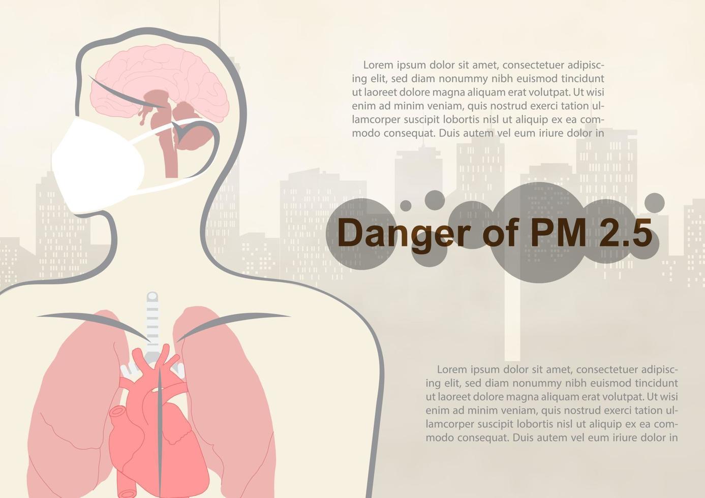 Closeup and crop human body with wording about danger of PM 2.5 dust, example texts on landscape city view and bad fog pollution background. vector