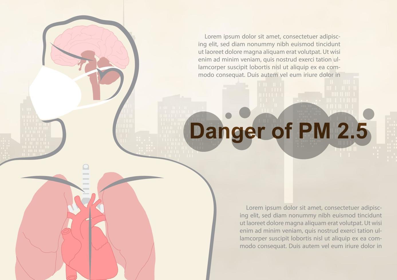 cerrar y recortar el cuerpo humano con una redacción sobre el peligro del polvo pm 2.5, textos de ejemplo sobre la vista de la ciudad del paisaje y los antecedentes de contaminación por niebla. vector