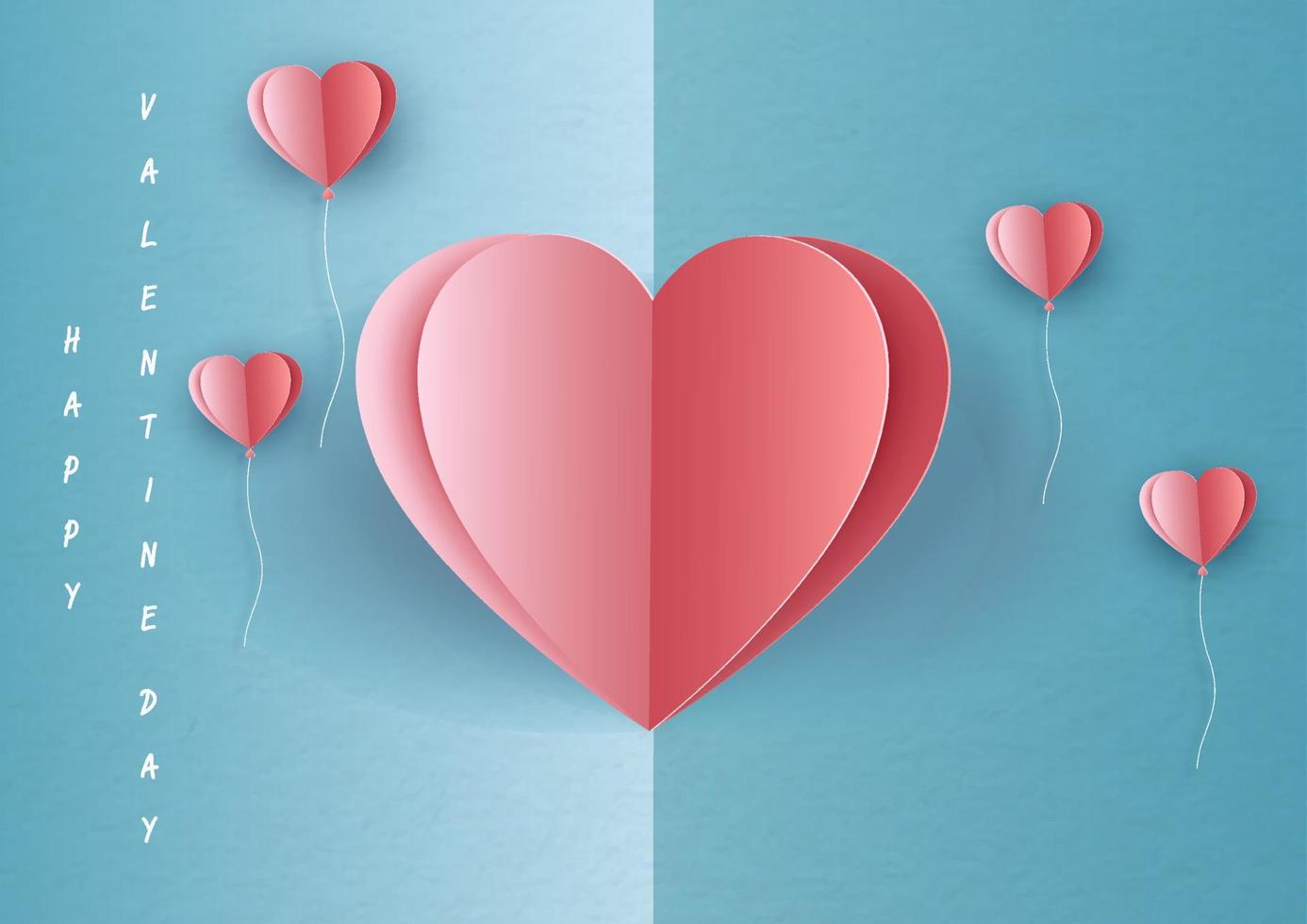 Closeup single giant heart with balloon in heart shape and Happy Valentine Day lettering on blue background. Valentine greeting card in paper cut style and vector design.