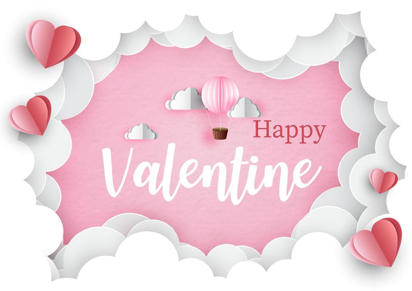 Happy Valentine lettering with pink balloon in giant of clouds hole and red hearts on pink background. Valentin day greeting card in paper cut style and vector design.