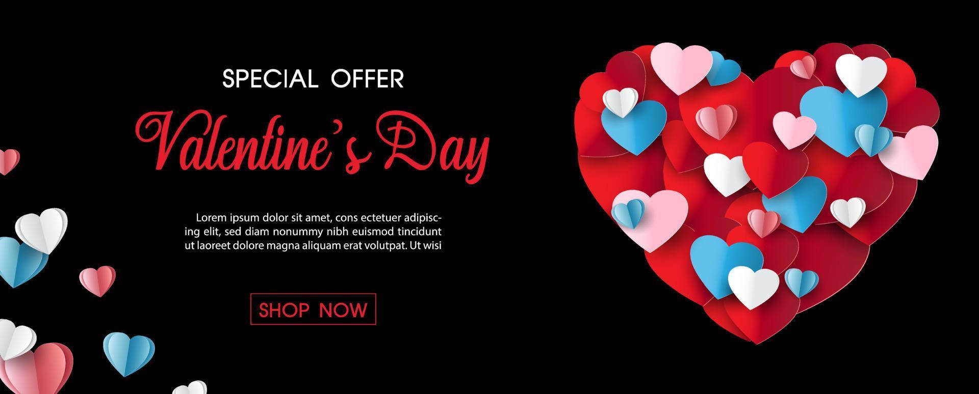 Valentine day's specials offer banner with colorful harts in paper cut style on back background. Valentine greeting card in paper cut style and vector design.
