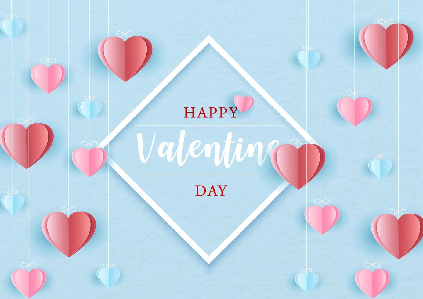 la redacción del feliz día de san valentín en un marco blanco con corazones rojos, rosas y azules cuelgan sobre un fondo de patrón de papel azul. tarjeta de felicitación de San Valentín en estilo de corte de papel y diseño vectorial. vector