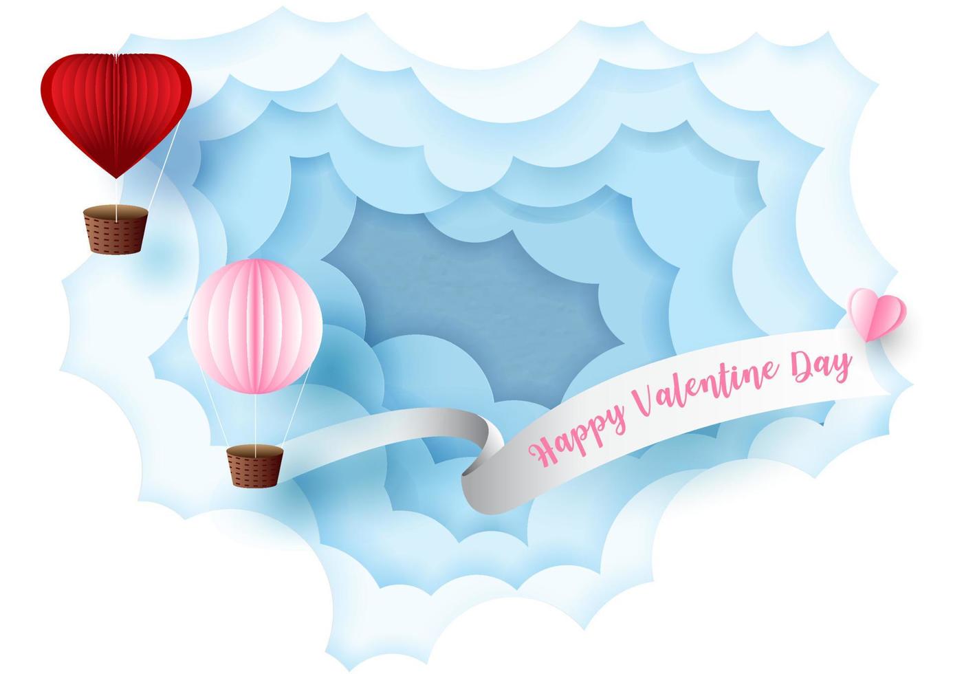 Letras de San Valentín feliz en cinta blanca con globo rojo y rosa en un agujero gigante de nubes sobre fondo azul. tarjeta de felicitación del día de san valentín en estilo de corte de papel y diseño vectorial. vector