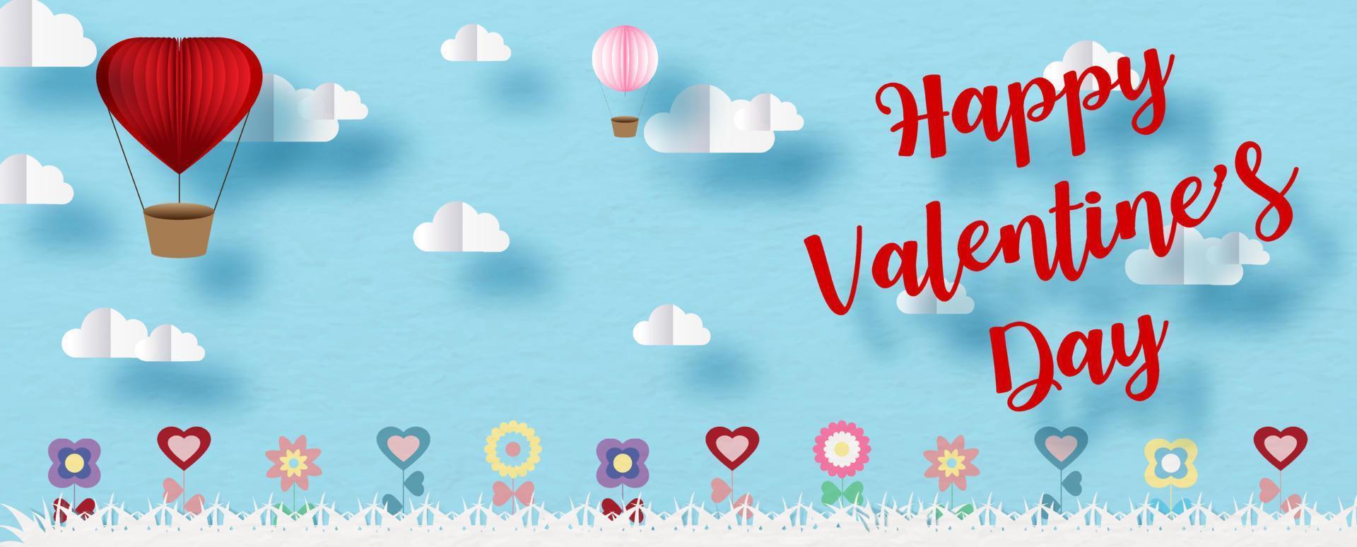 Red heart and white balloons on white clouds with Happy Valentine's Day pink lettering and blue sky background. Web banner of Valentine's day in paper cut vector design.