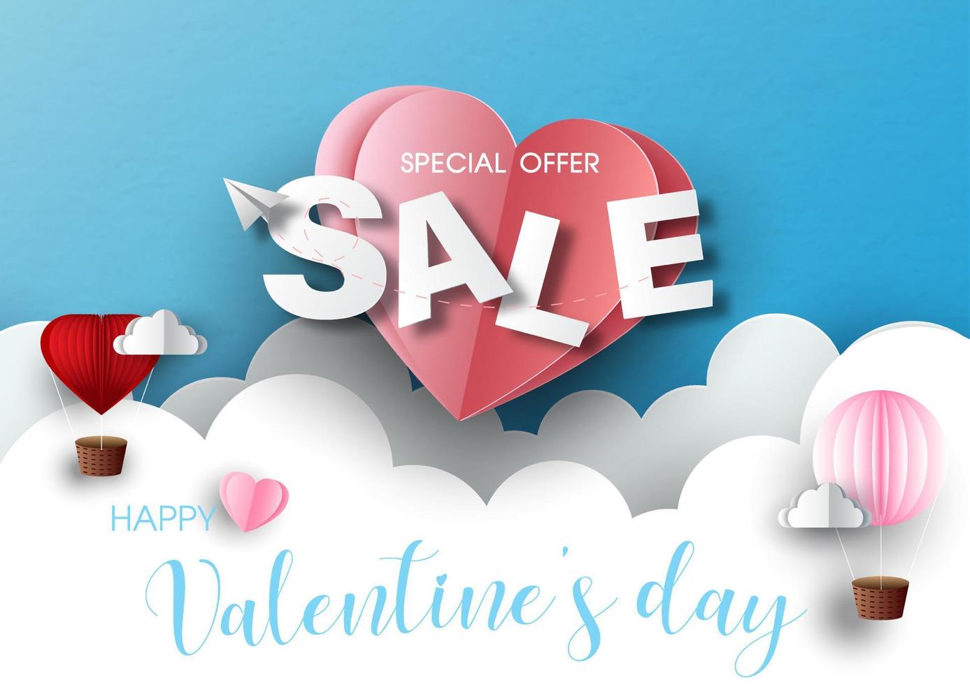 venta de palabras de san valentín con globos y corazones en capas blancas y fondo de patrón de papel azul. tarjeta de felicitación de san valentín en estilo de corte de papel de banner de venta y diseño vectorial. vector