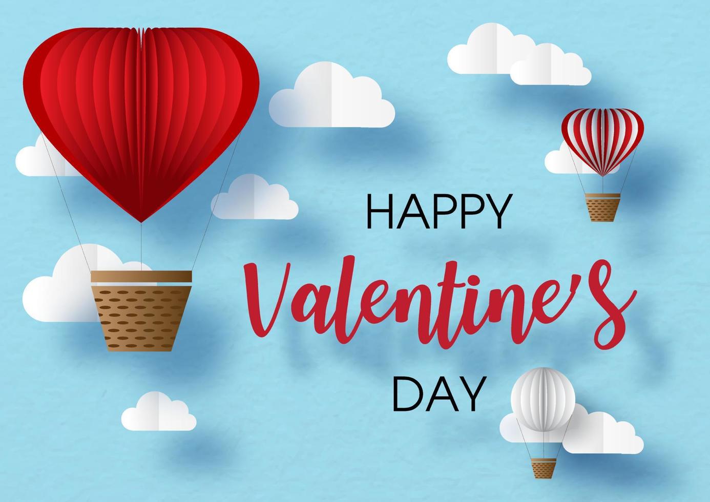 Red heart balloons on white clouds with Happy Valentine's Day lettering and blue sky background. Poster and greeting cards  of Valentine's day in paper cut and vector design.