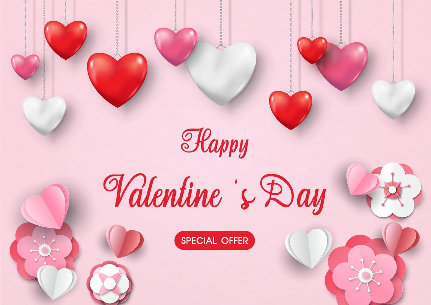 Heart necklace in glossy and 3d style hang on pink background with Valentine day's sale wording and Sakura flowers in paper cut style. Valentine greeting card in vector design.