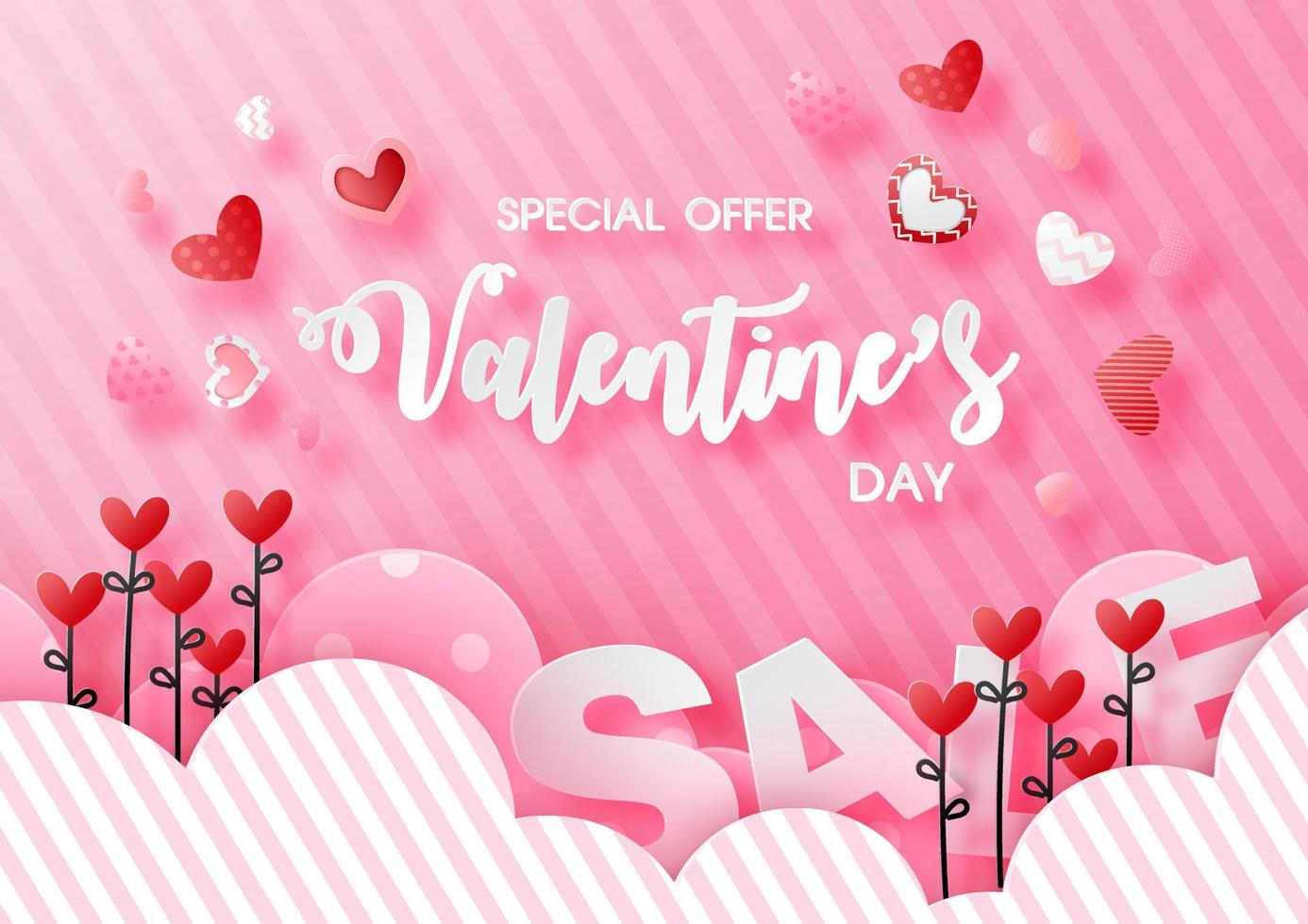 Valentine day's specials offer with sale wording, small harts and clouds on pink background. Valentine greeting card in paper cut style and vector design.