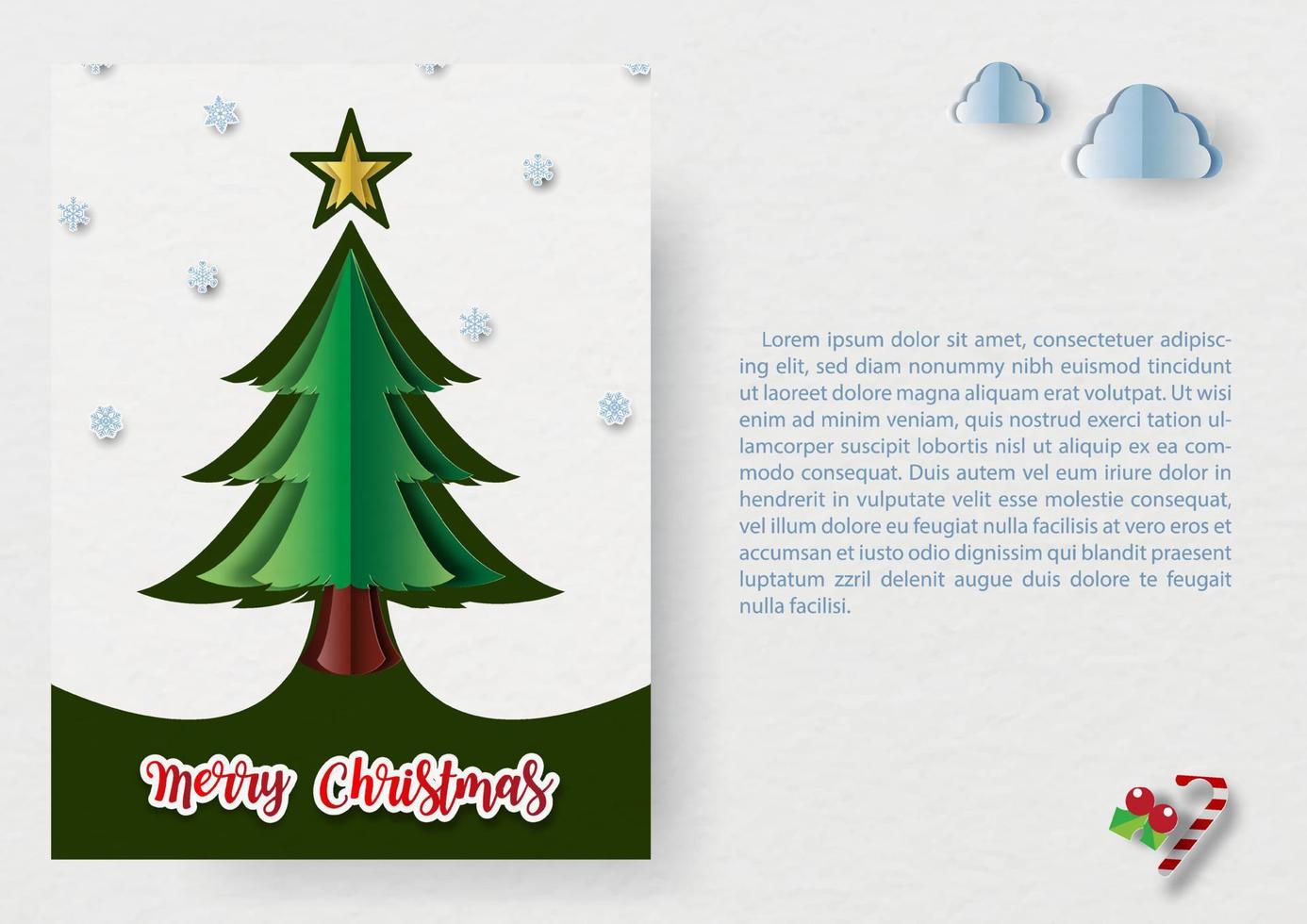 Christmas pine tree with snow flakes and Merry Christmas lettering on white card and example texts with objects of Christmas day in paper cut style on white paper pattern background. vector