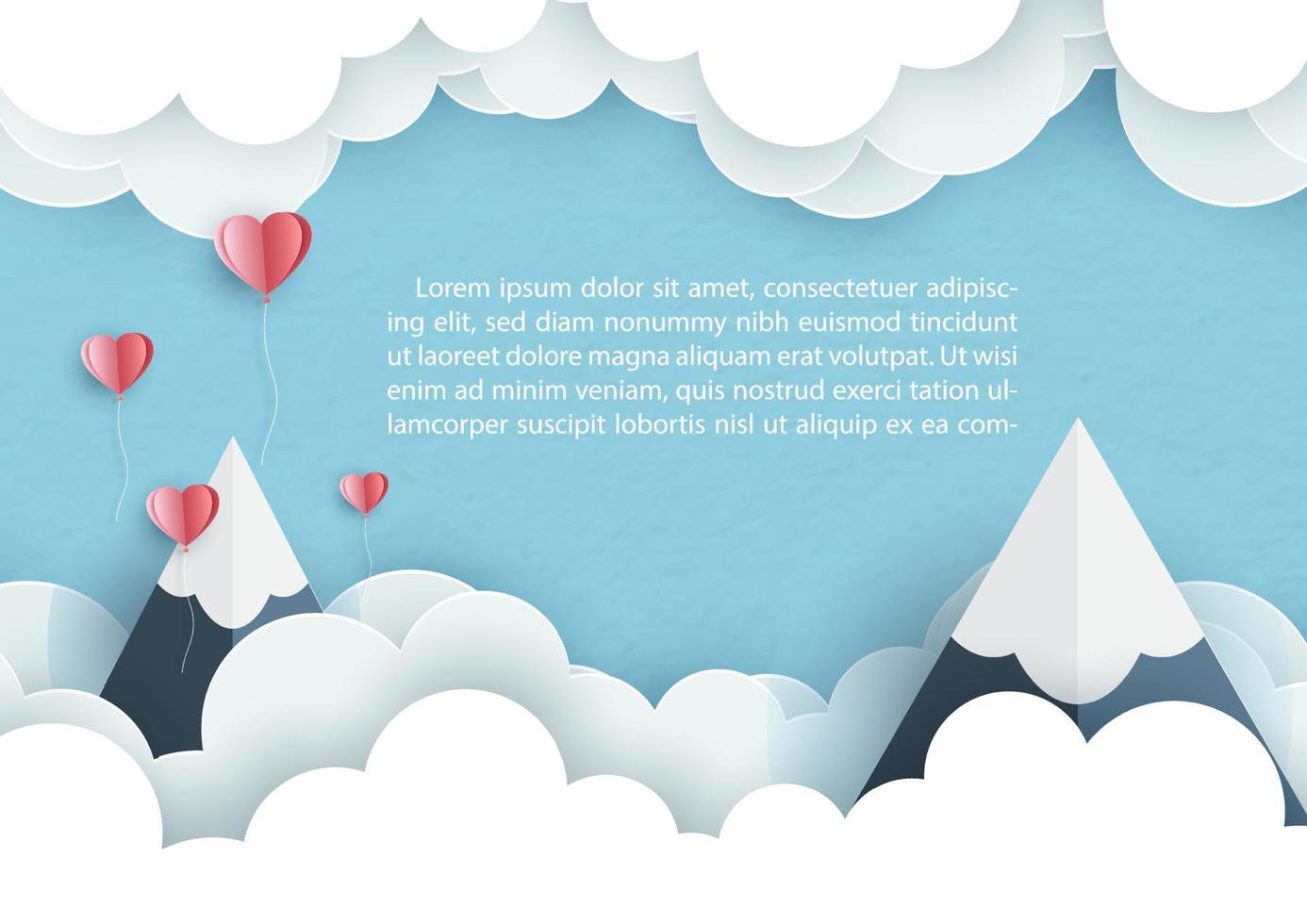 Big mountains with little hearts and space for texts in white clouds on blue background. Valentine greeting card in paper cut style and vector design.