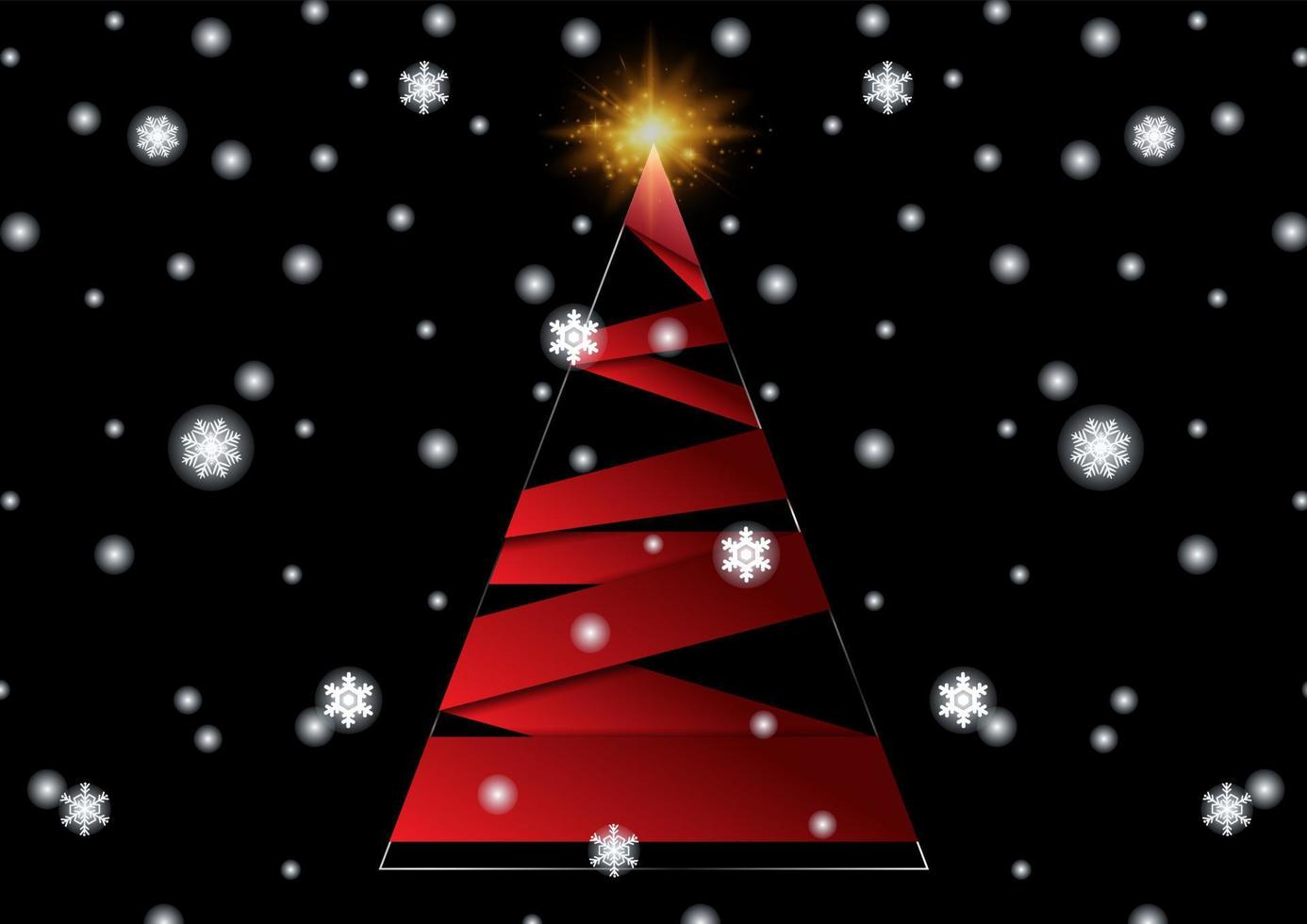 Closeup red ribbon make a Christmas tree with snow falling isolate on black background vector