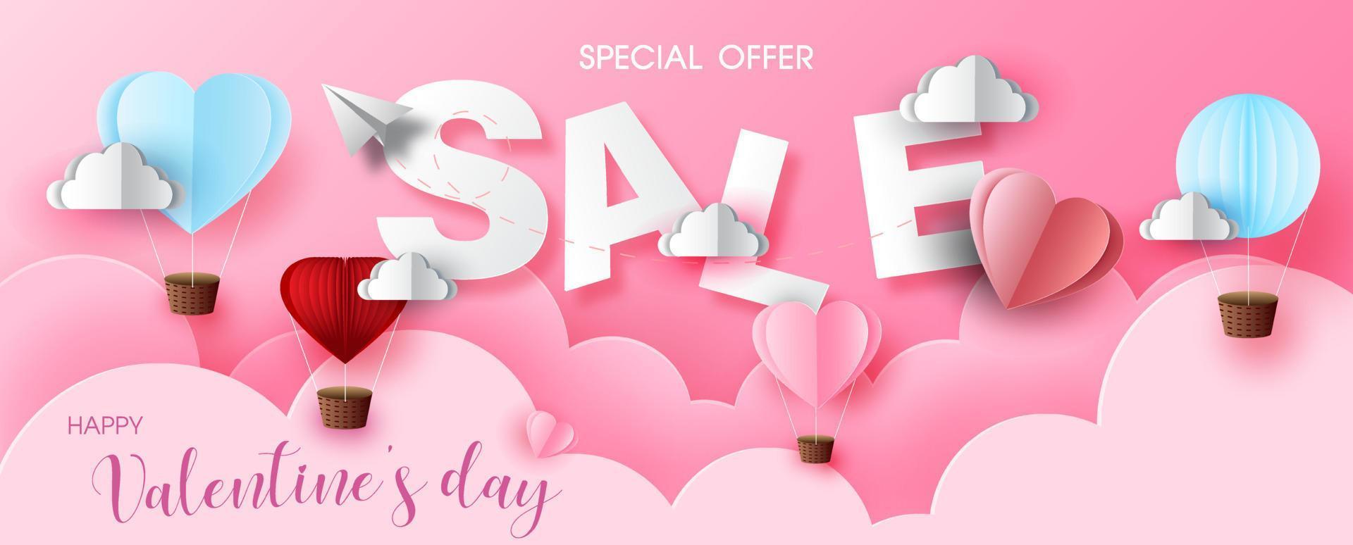 Valentine day's specials offer with sale wording in white frame and red harts on pink cloud and bokeh pattern background. Valentine greeting card in paper cut style and vector design.