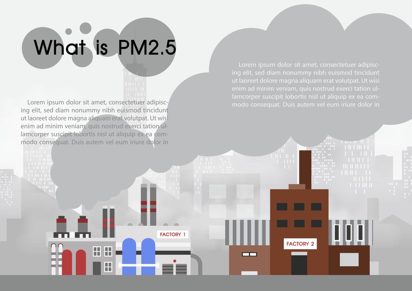 fábrica de primer plano con textos de ejemplo de redacción de pm2.5 sobre humo gigante y niebla mala pm 2.5 sobre vistas al paisaje de la ciudad y fondo gris. vector