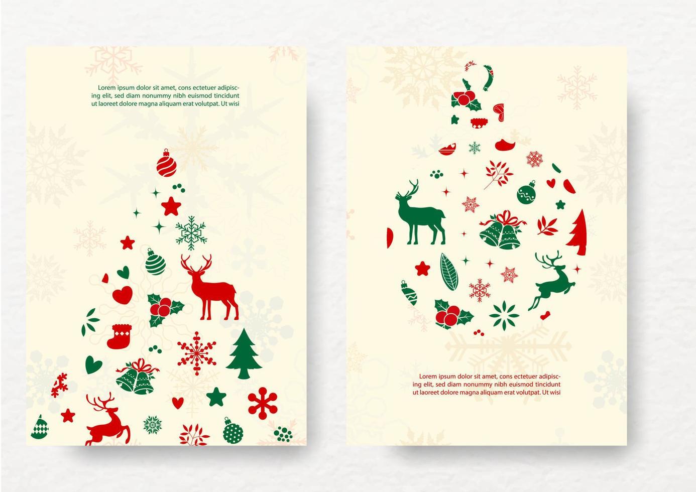 tarjetas de felicitación de navidad con objeto de navidad y plantas decorativas en un árbol de navidad y una bola de navidad aislar sobre fondo de color crema vector
