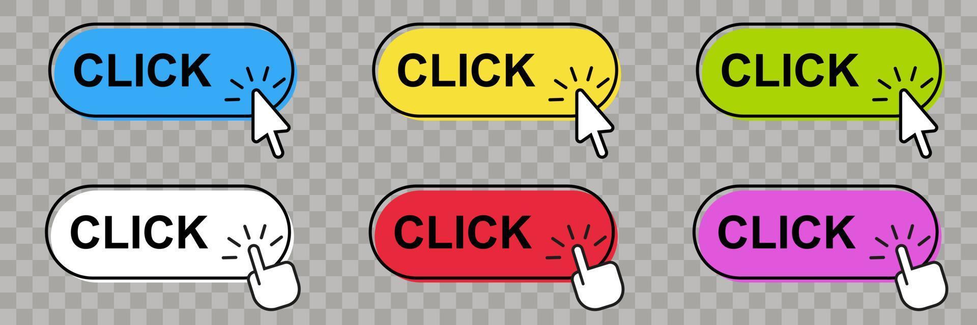 haga clic aquí botón con cursor de flecha. haga clic en el botón en estilo plano vectorial vector