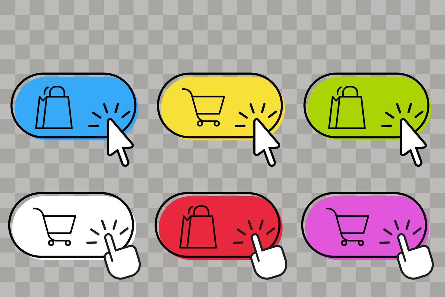 Click to buy. Online shopping, arrow cursor and hand cursor clicking. Cart and bag vector icons