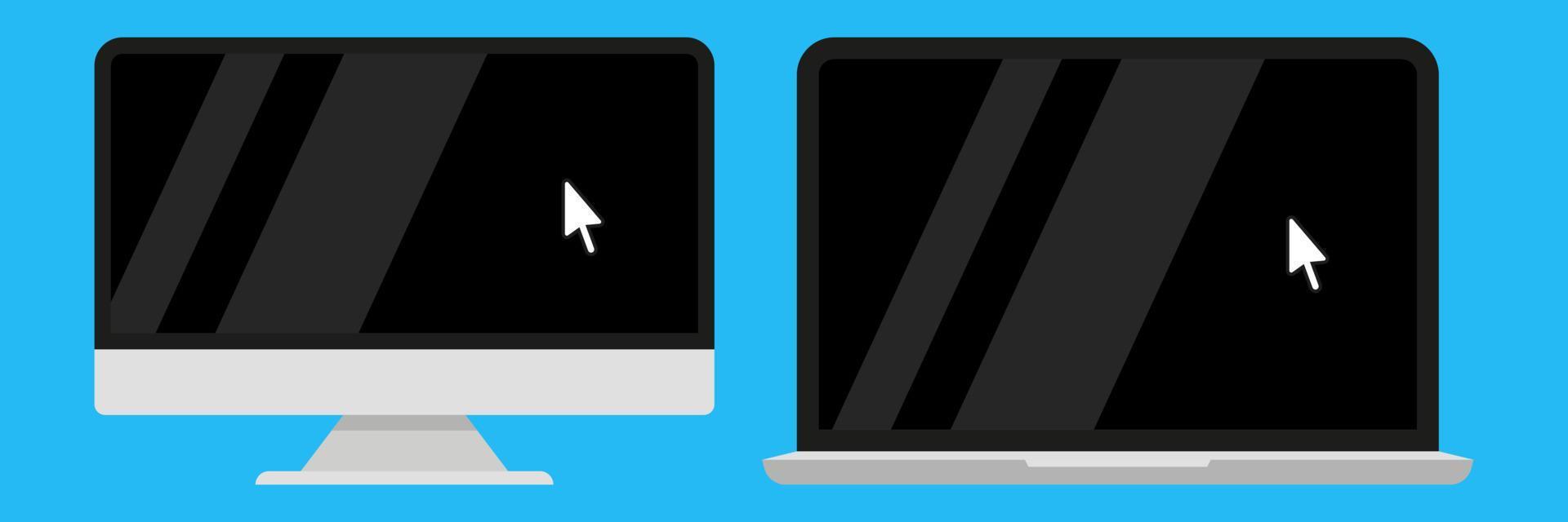 Computer and laptop with arrow cursor on black screen. Vector illustration