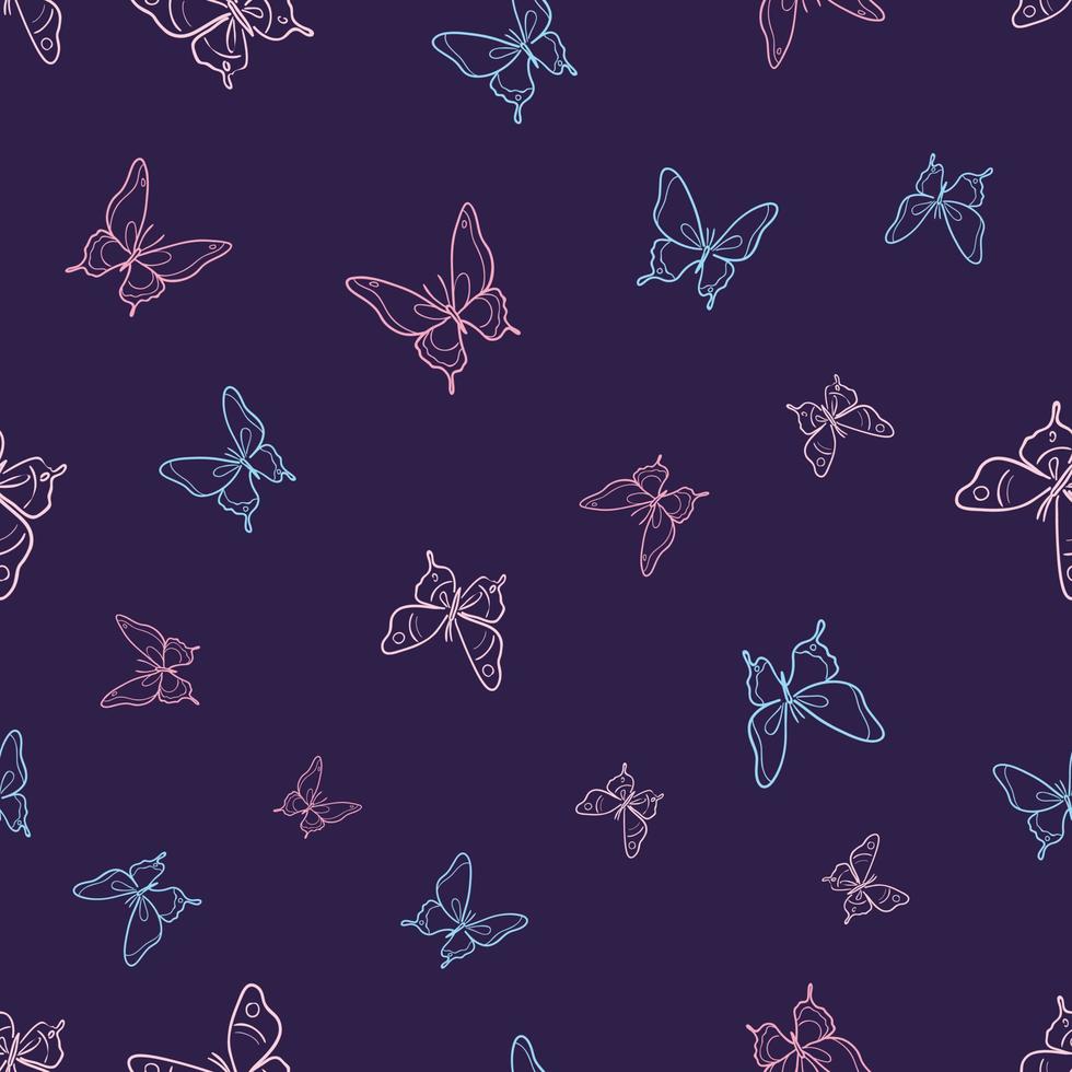 Vector butterfly seamless repeat pattern, dark colorful background.