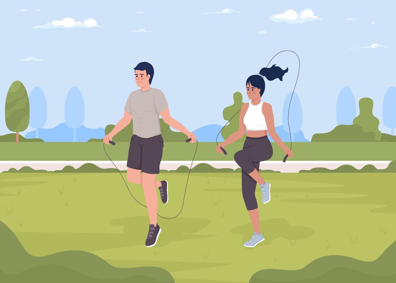 Doing jumping rope exercise flat color vector illustration. Cardio workout. Training outside. Sport activities on fresh air. Fully editable 2D simple cartoon characters with park on background