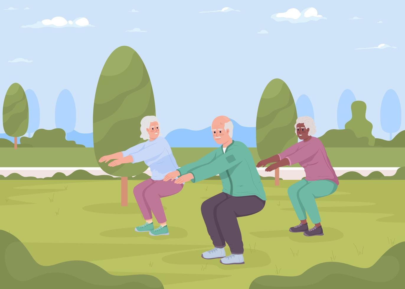 Elderly people exercising outside flat color vector illustration. Outdoor sport activities for aged. Workout in nature. Fully editable 2D simple cartoon characters with park on background