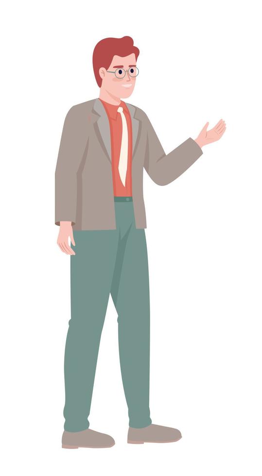 Smiling entrepreneur pointing aside semi flat color vector character. Editable figure. Full body person on white. Business simple cartoon style illustration for web graphic design and animation
