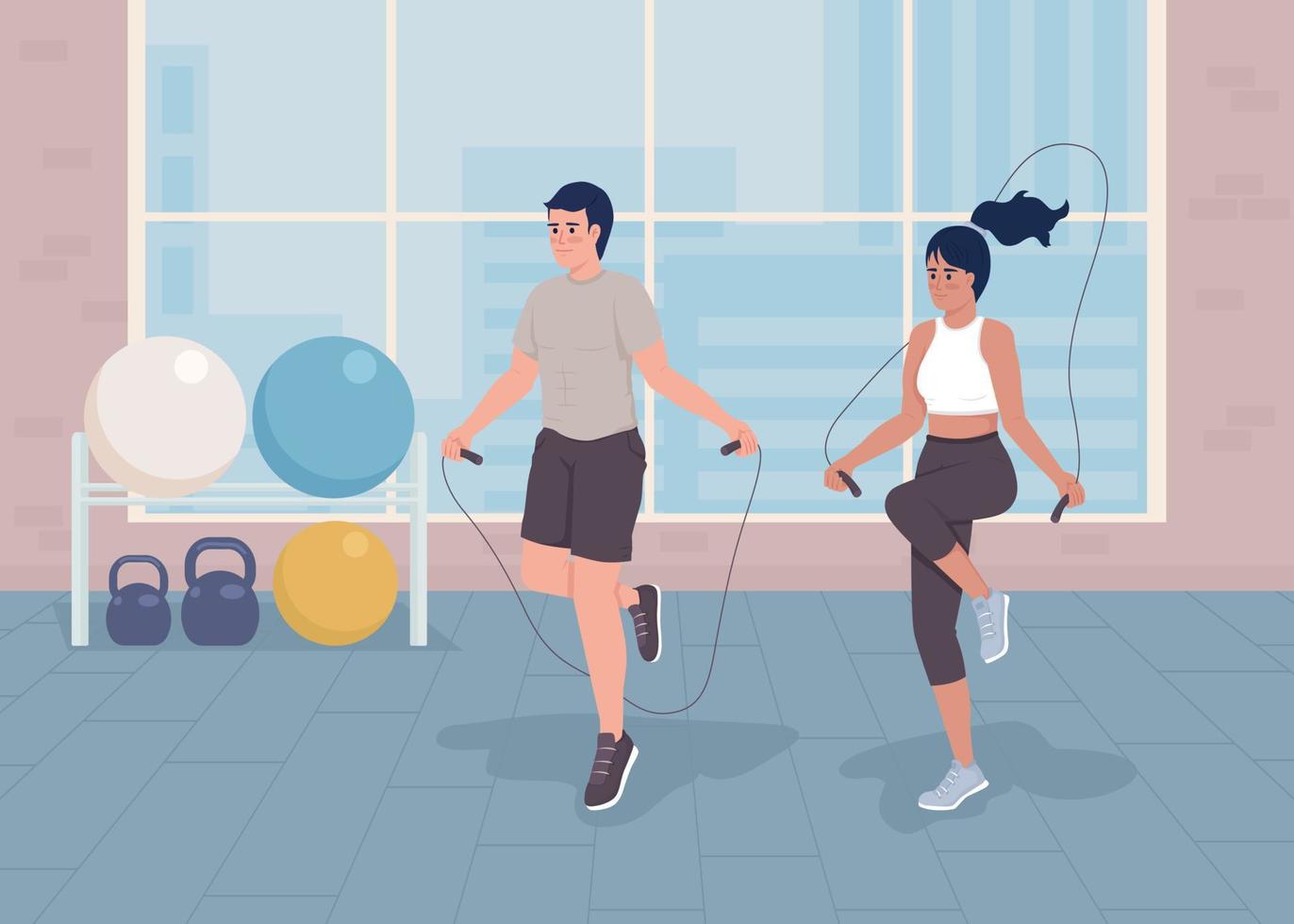 Doing jumping rope workout flat color vector illustration