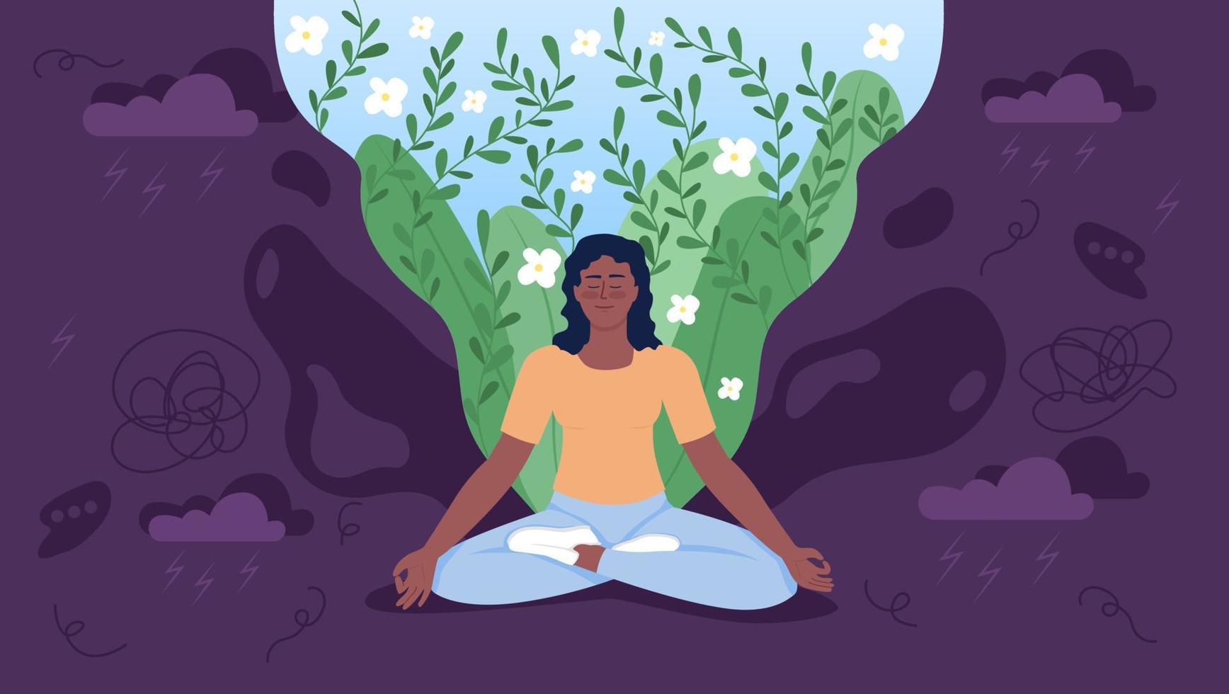 Ilustración de vector de concepto plano de mujer meditada. paz interior. armonía mental. personajes de dibujos animados 2d editables en violeta para diseño web. idea creativa de yoga para sitio web, móvil, presentación