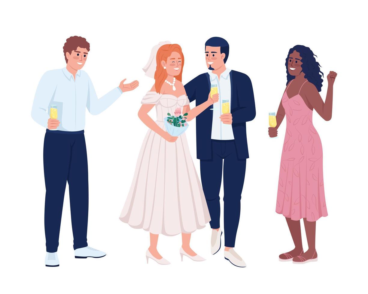 recién casados celebrando un evento de boda con amigos personajes vectoriales de color semiplano. figuras editables. personas de cuerpo completo en blanco. ilustración de estilo de dibujos animados simple para diseño gráfico web y animación vector