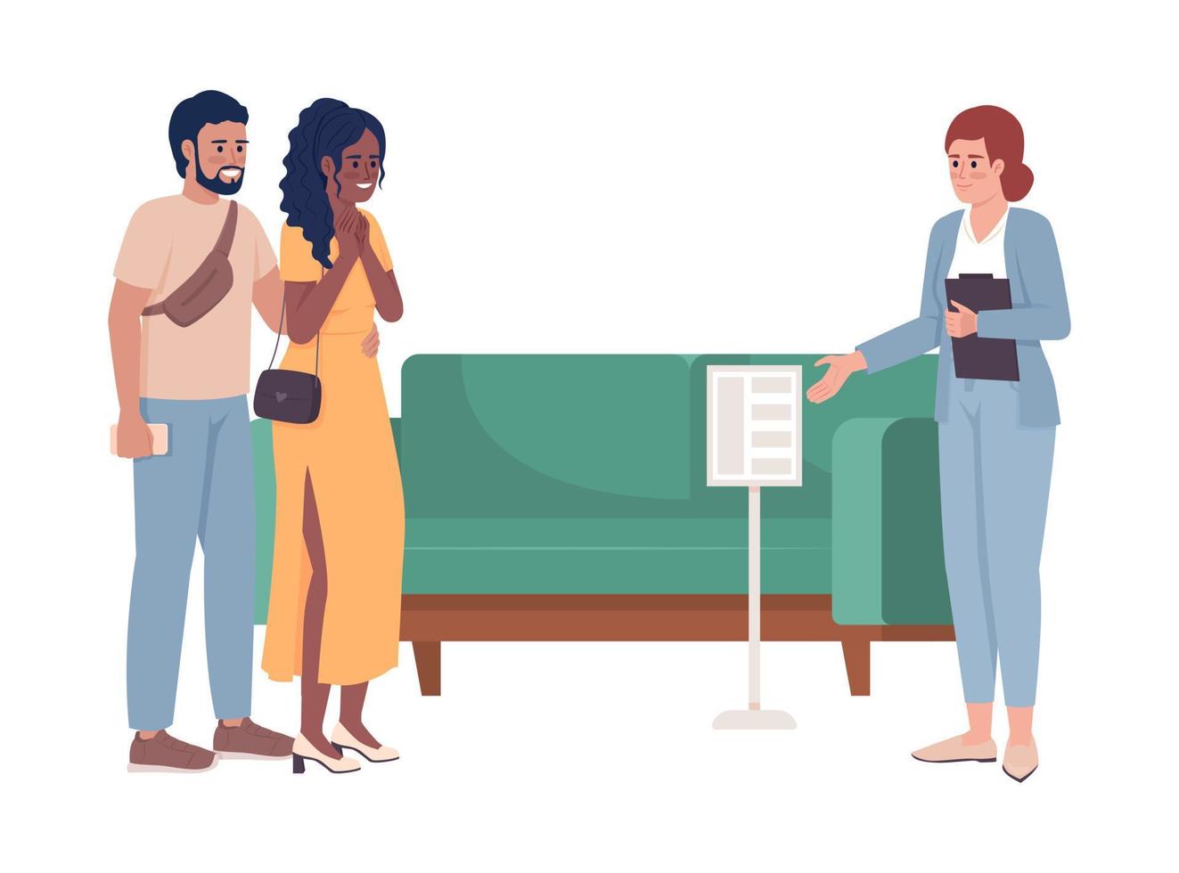 Seller consultant showing couch 2D vector isolated illustration. Young couple buying furniture flat characters on cartoon background. Colorful editable scene for mobile, website, presentation