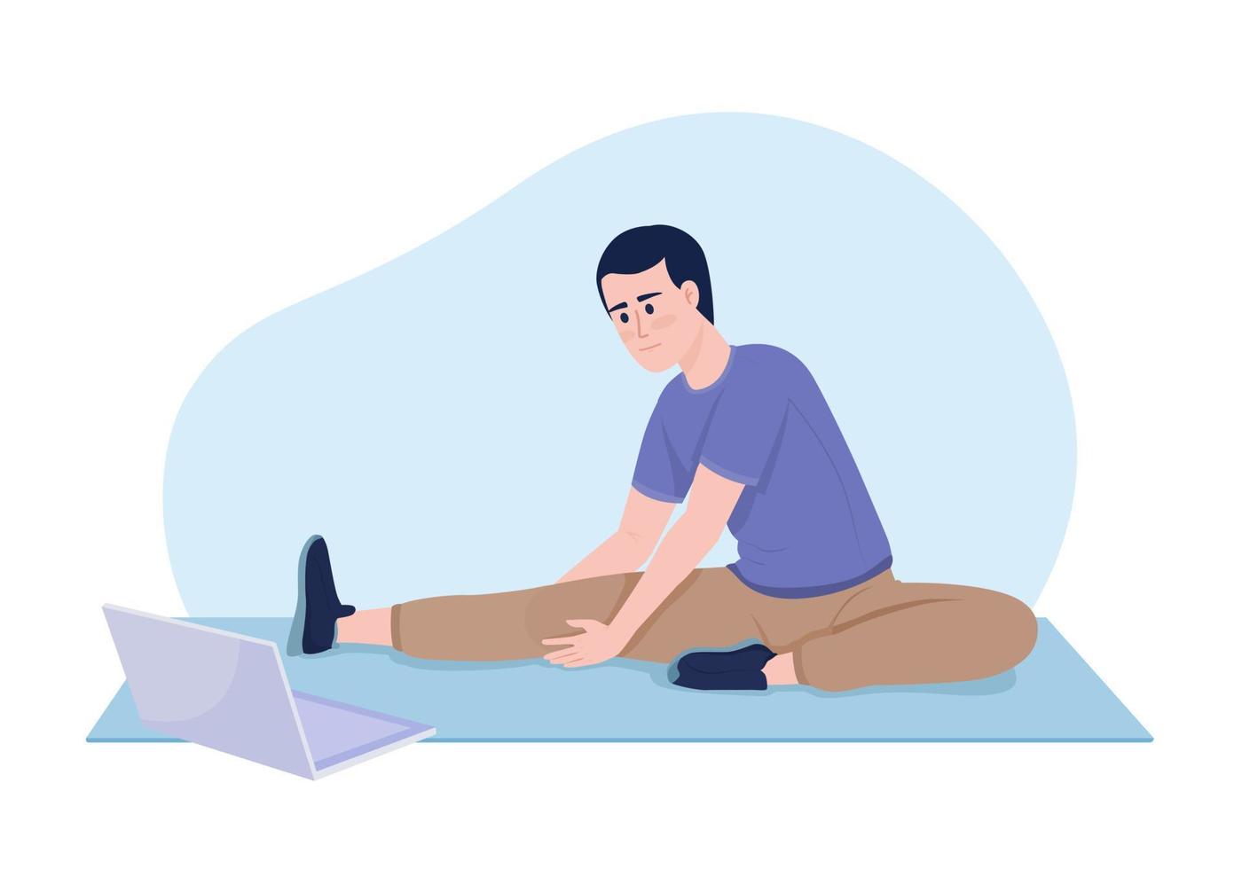 Man following online workout 2D vector isolated illustration