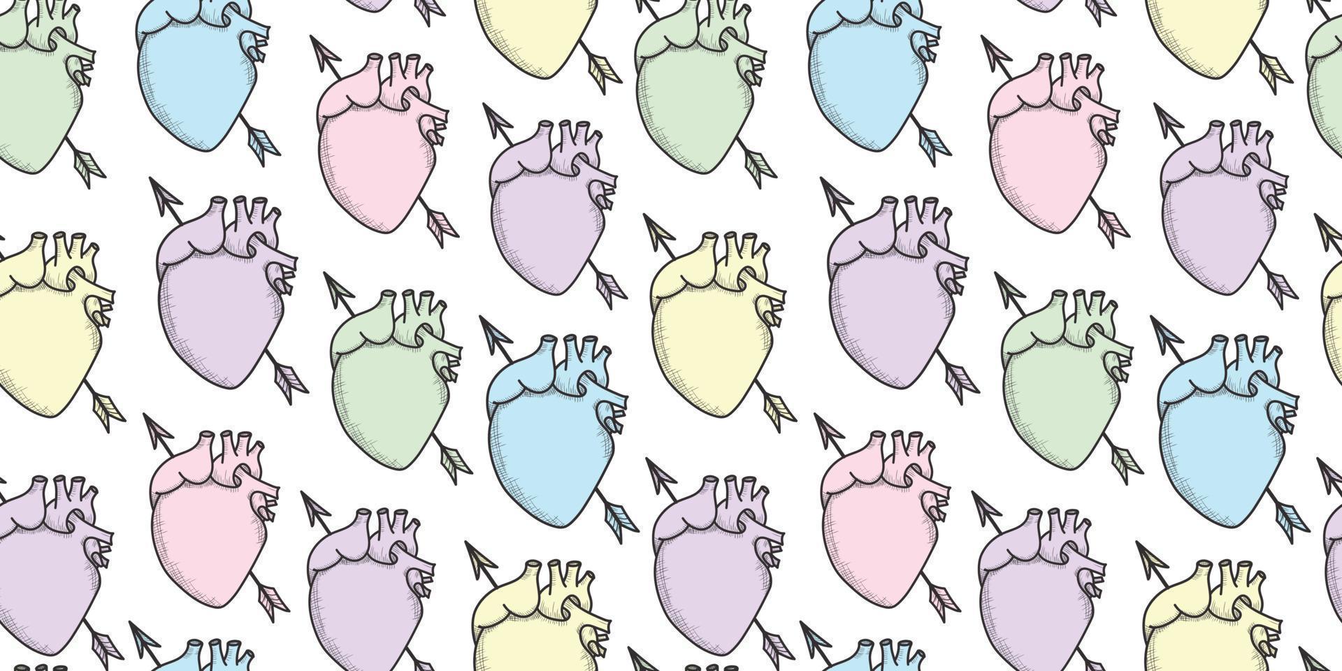 Colorful anatomical hearts vector pattern background