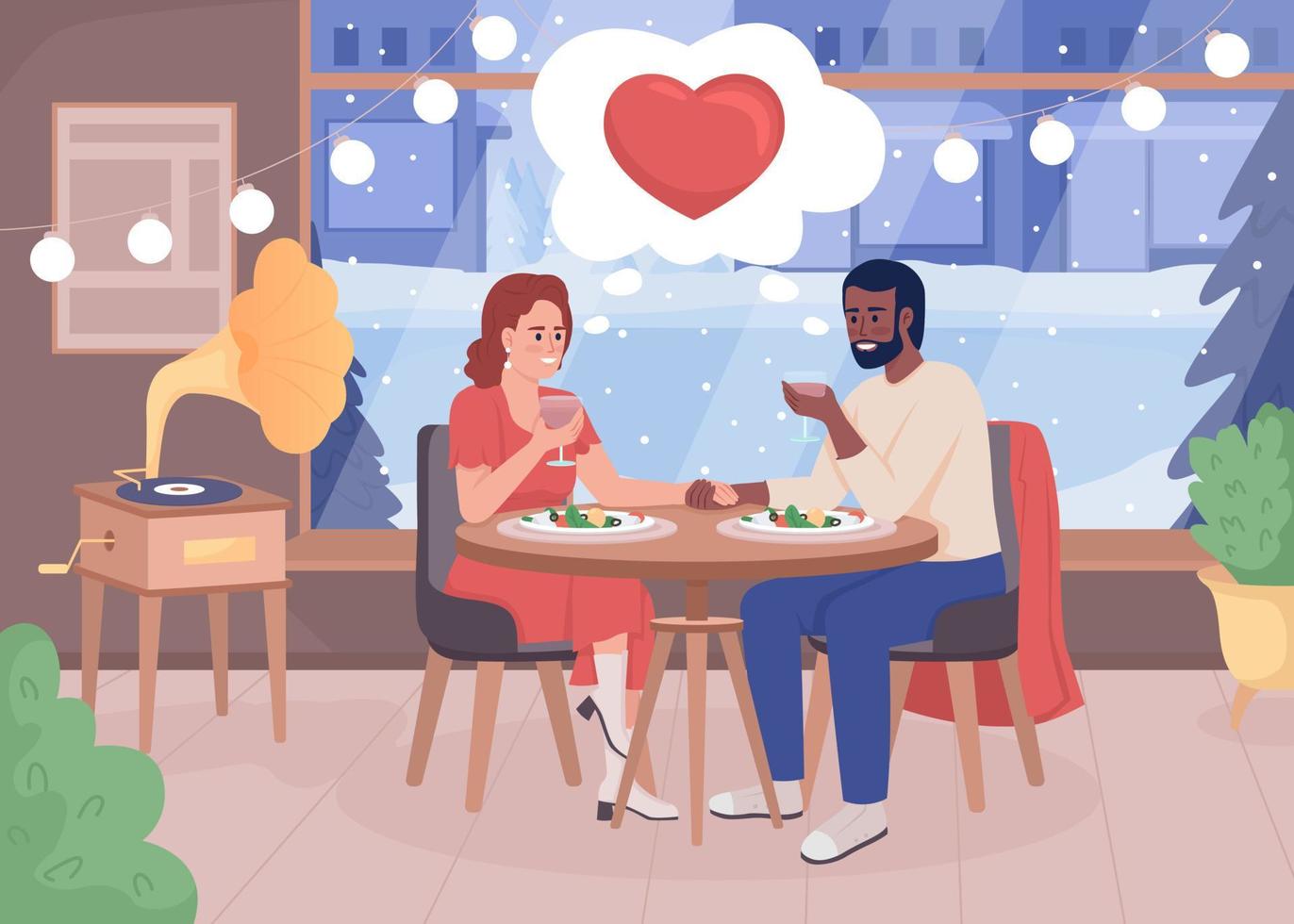 Romantic date at restaurant flat color vector illustration. Have dinner together. Relationship activity. Go out with boyfriend. Fully editable 2D simple cartoon characters with cityscape on background