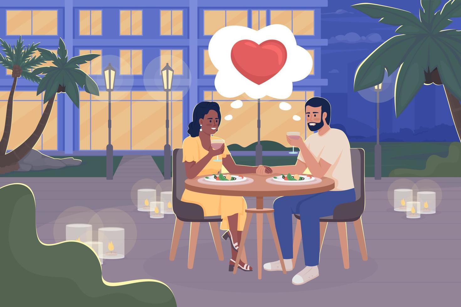 Couple in hotel cafe flat color vector illustration. Romantic dinner during vacation. Enjoy meal. Spend time together. Fully editable 2D simple cartoon characters with cityscape on background