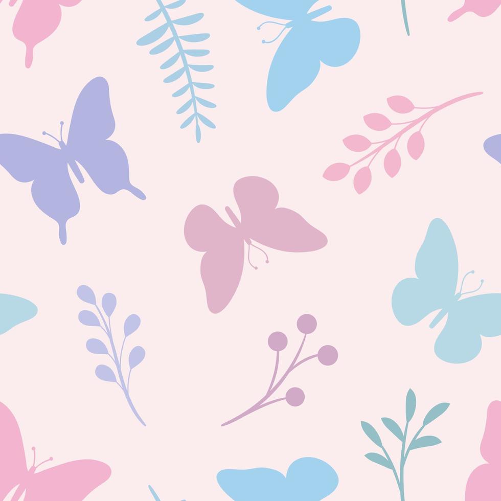 patrón vectorial de primavera pastel con mariposas y plantas, fondo transparente vector