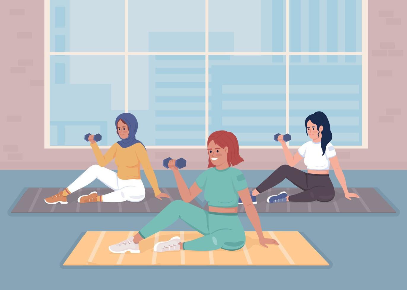 Women exercising in gym flat color vector illustration