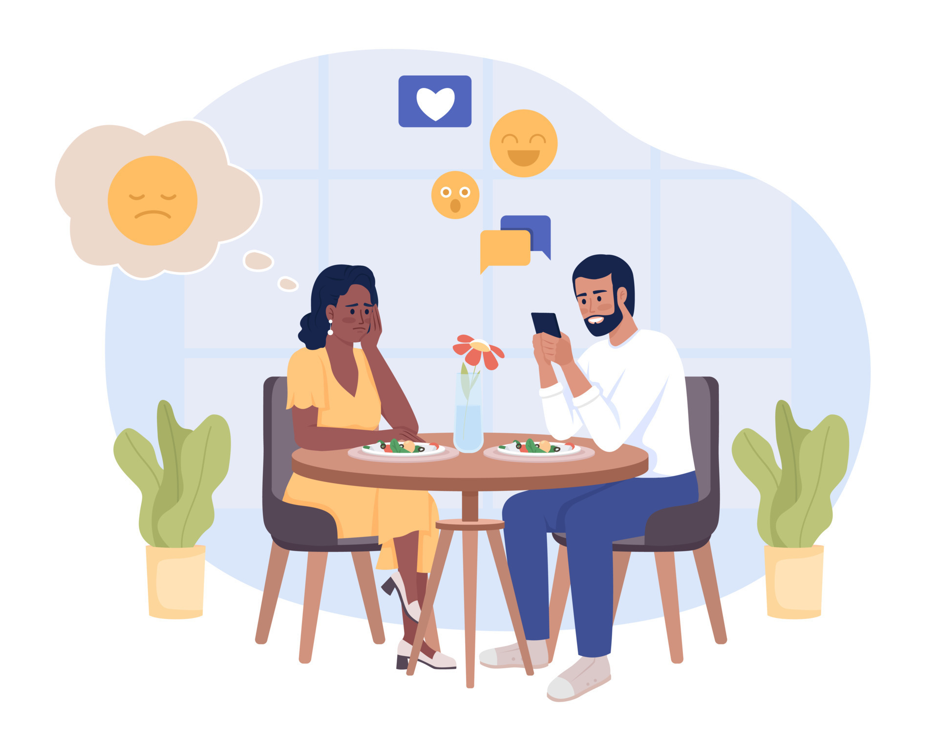 Internet addiction 2D vector isolated illustration Ignoring during