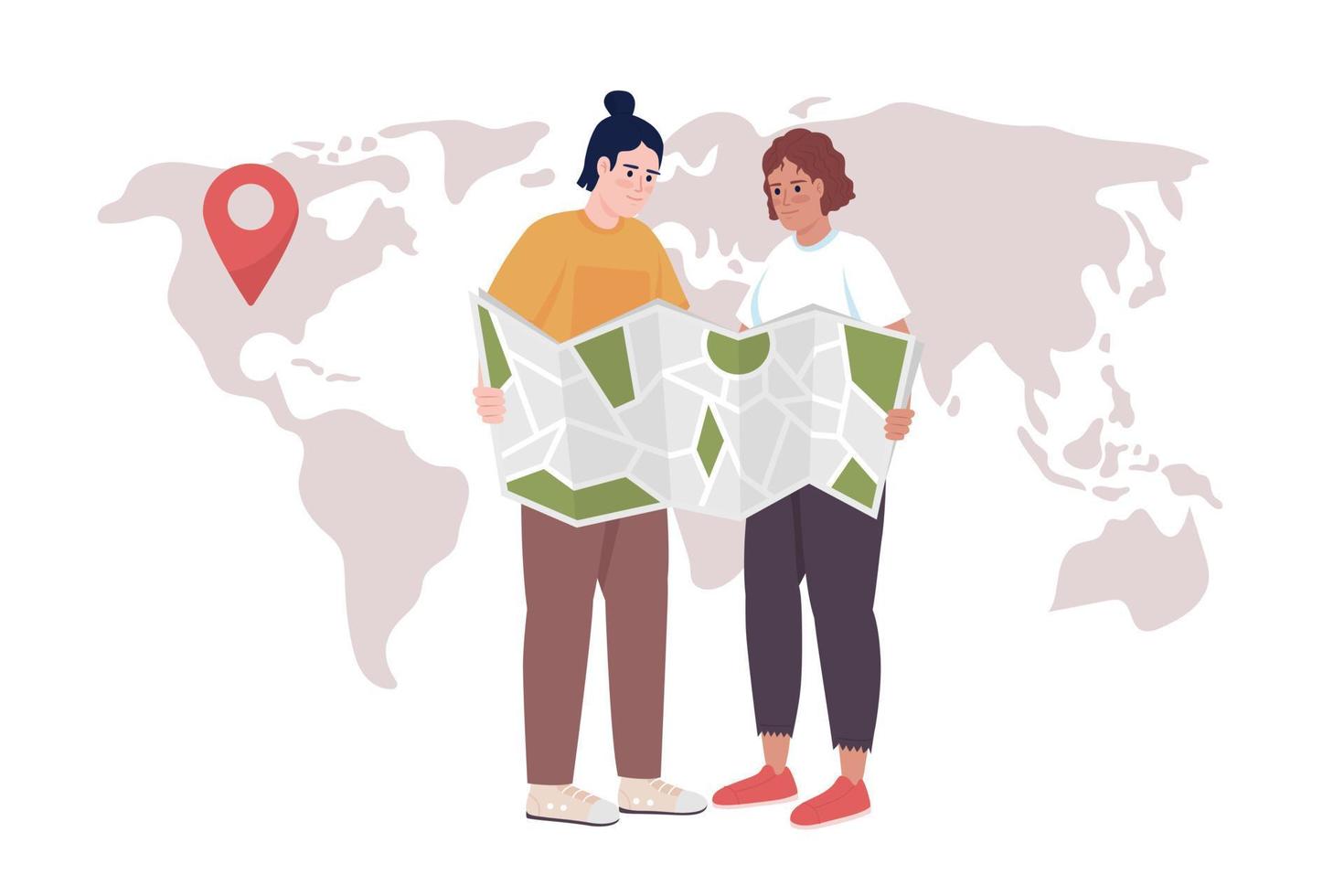 Couple planning vacation 2D vector isolated illustration. Travel with partner. Picking destination flat characters on world map background. Colorful editable scene for mobile, website, presentation