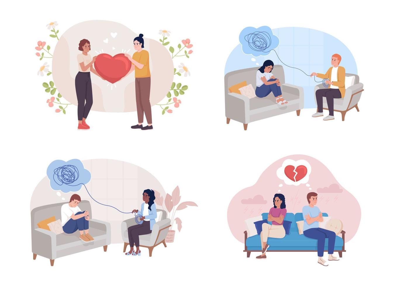 Relationship problem flat concept vector illustration set. Therapy session. Couple conflict. Editable 2D cartoon characters on white for web design. Creative idea for website, mobile, presentation