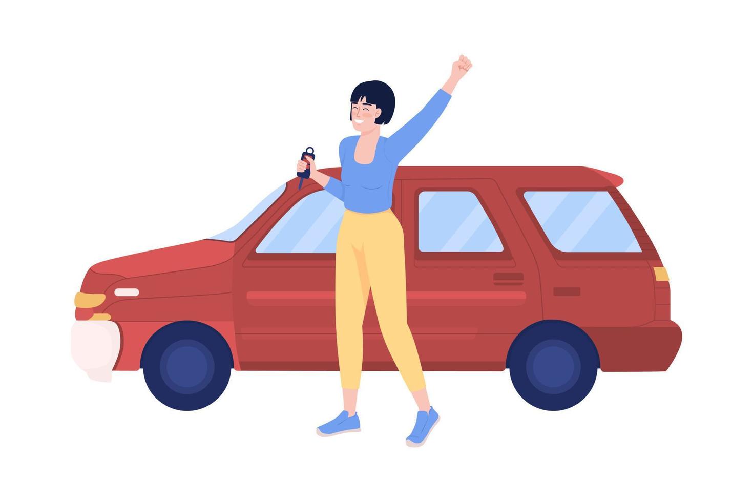 propietario de un coche feliz carácter vectorial de color semiplano. figura editable. persona de cuerpo completo en blanco. mujer comprando vehículo. ilustración de estilo de dibujos animados simple para diseño gráfico web y animación vector