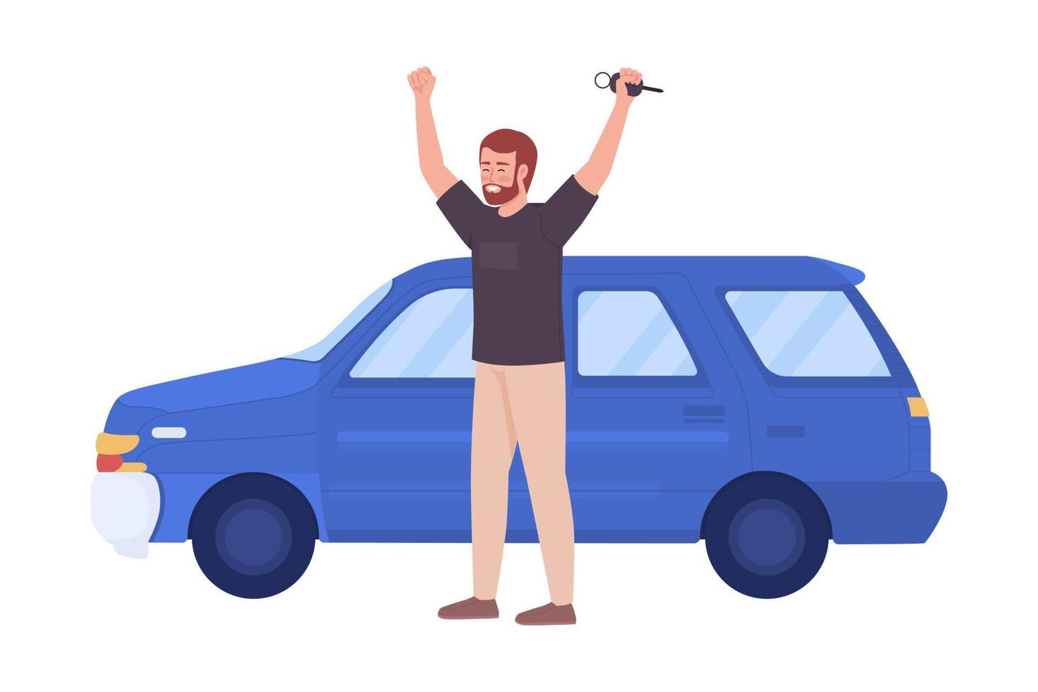 Excited car owner semi flat color vector character. Editable figure. Full body person on white. Man buy station wagon auto. Simple cartoon style illustration for web graphic design and animation