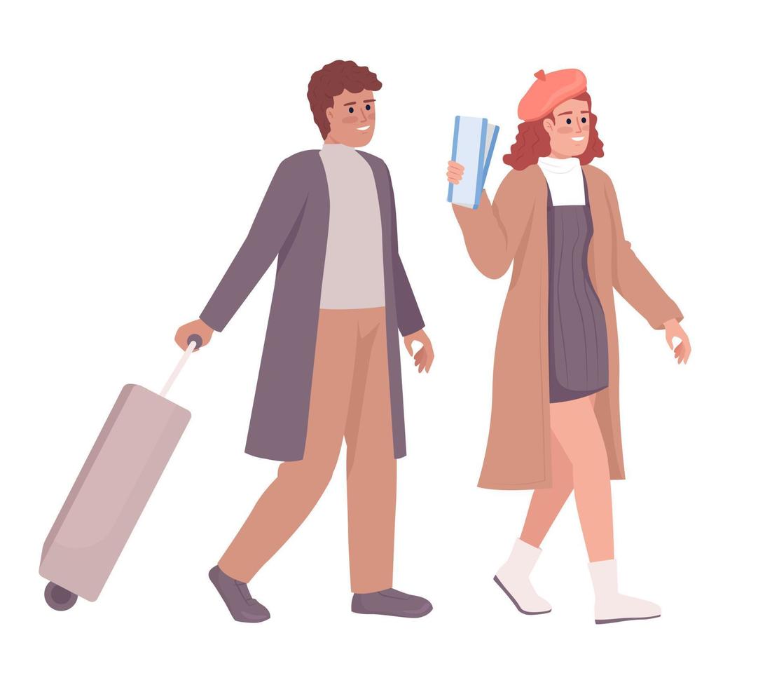 Couple with tickets semi flat color vector characters. Editable figure. Full body people on white. Going to vacation simple cartoon style illustration for web graphic design and animation