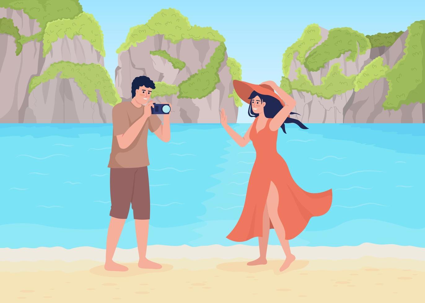 Young man taking photos of wife on beach flat color vector illustration. Summer vacation. Tropical holidays. Travel together. Fully editable 2D simple cartoon characters with landscape on background